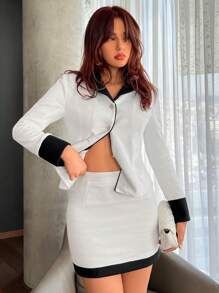 SHEIN Privé Contrast Trim Button Front Jacket & Bodycon Skirt - Black and White - View 4