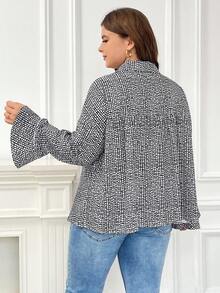 SHEIN Frenchy Hơn In Toàn bộ Cà vạt tay áo lá sen Lá sen tỉa Áo sơ mi - Đen và trắng - Xem 2