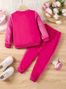 SHEIN Cô Gái Trẻ Kỳ lân in Teddy Tay áo Áo chui đầu Và Quần thể thao - Màu Hồng Tươi - Xem 2