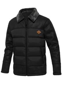 Men Patched Detail Borg Collar Padded Coat - Black - View 4