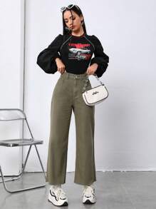 Solid Wide Leg Jeans - Army Green - View 4