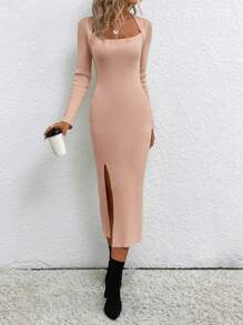 SHEIN Essnce Scoop Neck Split Thigh Sweater Dress - Pink - View 4