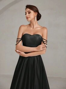 Off Shoulder Kết cườm Chi tiết Xa ten Ống Váy dự tiệc - màu đen - Xem 3