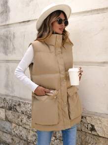SHEIN Cottnline Flap Pocket Puffer Vest Coat - Apricot - View 6