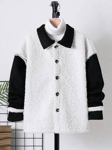 SHEIN Tween Boy Two Tone Drop Shoulder Teddy Coat Without Sweater - Black and White - View 3