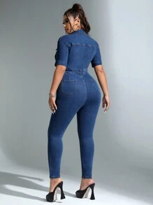 SHEIN ICON Hơn Nút phía trước Túi có nắp Áo liền quần Denim Áo liền quần - Màu xanh lam - Xem 2