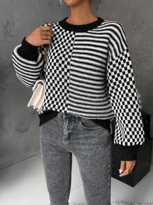 SHEIN LUNE Striped And Checker Pattern Drop Shoulder Knit Pullover Fall Winter Sweater - Multicolor - View 5
