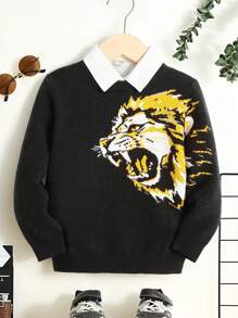 SHEIN Young Boy Lion Pattern Contrast Collar Sweater Without Shirt - Black - View 1
