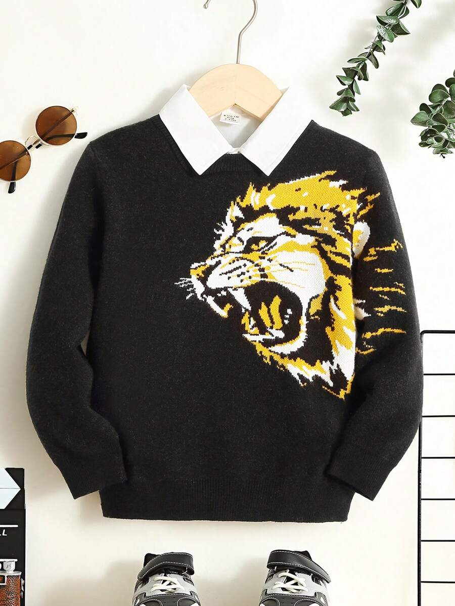 SHEIN Young Boy Lion Pattern Contrast Collar Sweater Without Shirt - Black - View 1