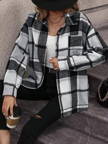 Plaid Print Drop Shoulder Patch Pocket Coat - White - View 6