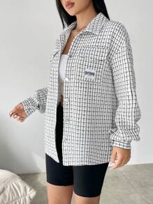 SHEIN Unity Plaid Print Drop Shoulder Flap Pocket Button Front Coat - White - View 6
