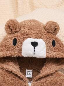 SHEIN Baby Boy Two Tone Cartoon Embroidery 3D Ears Design Hooded Teddy Jumpsuit - Khaki - View 3