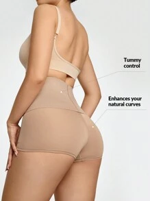 Shapelle Forme Women's Apricot Knitted Fabric Semi-Sheer Tummy Control Mini Shorts Casual Style Mid Stretch Waist Control Leggings