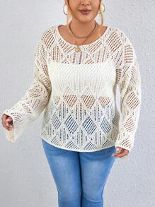 Calvaya Plus Drop Shoulder Open Knit Sweater Without Cami Top Knit Pullover Fall Winter Sweater - Khaki - View 4