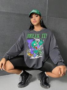 SHEIN EZwear 大碼字母和卡通圖案落肩袖運動衫 - 深灰色 - 查看 4