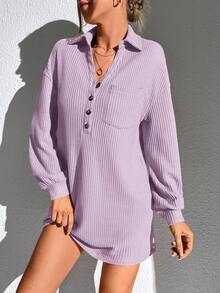 SHEIN Essnce Vestido tejido waffle con botón de hombros caídos con parche de bolsillo - Púrpura malva - Ver 4