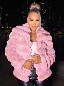 SHEIN SXY Open Front Fuzzy Coat - Dusty Pink - View 3