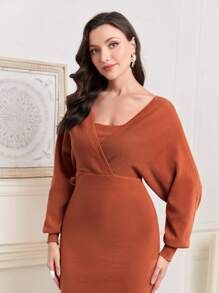 Modelyn Solid Batwing Sleeve Sweater Dress - Redwood - View 3