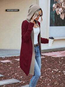 SHEIN LUNE Túi Kép Thả vai Mở Mặt trước áo có mũ Áo len Mở - Màu Đỏ Sâu - Xem 4