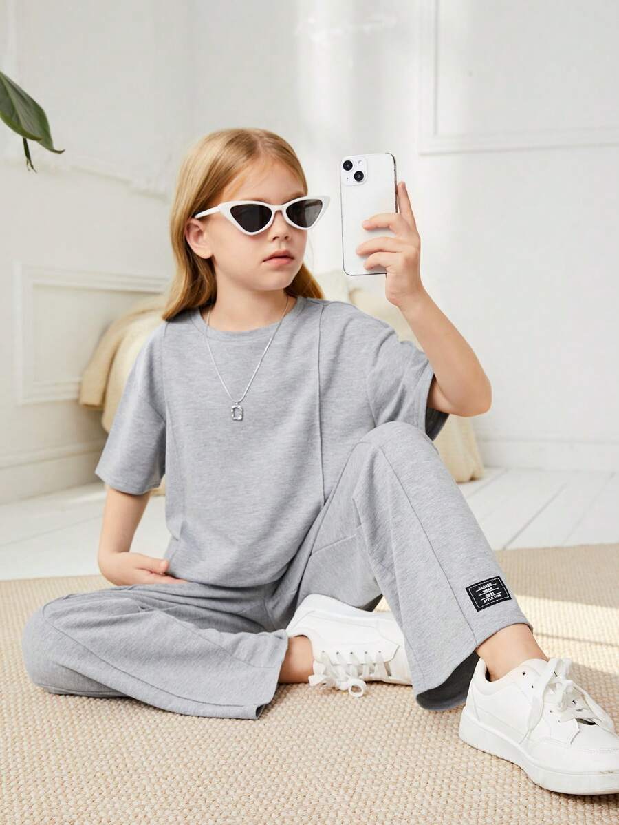 SHEIN Tween Girl Letter Patched Detail Tee & Pants - Light Grey - View 1
