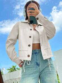 SHEIN Unity Drop Shoulder Drawstring Hem PU Leather Jacket - Beige - View 3