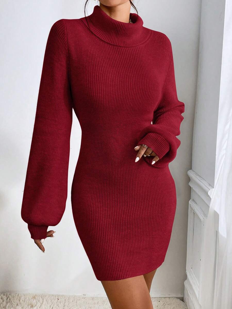SHEIN Privé Turtleneck Lantern Sleeve Sweater Dress Without Belt In Fall/Winter - Red - View 1