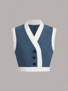 SHEIN Unity 拼接邊前紐扣夾克背心 - 藍色 - 查看 1