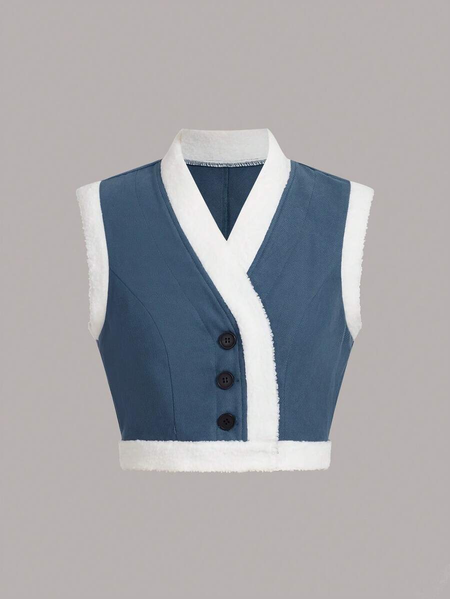 SHEIN Unity 拼接邊前紐扣夾克背心 - 藍色 - 查看 1