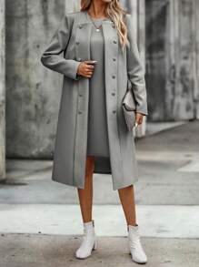 SHEIN Clasi Chất rắn Nút phía trước Áo khoác - Màu xám đen - Xem 5