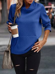 SHEIN Clasi Chất rắn Cổ cao Túi kangaroo Áo thun - Xanh đậm - Xem 3