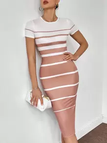 SHEIN Privé 條紋印花緊身洋裝 - 卡其色 - 查看 5
