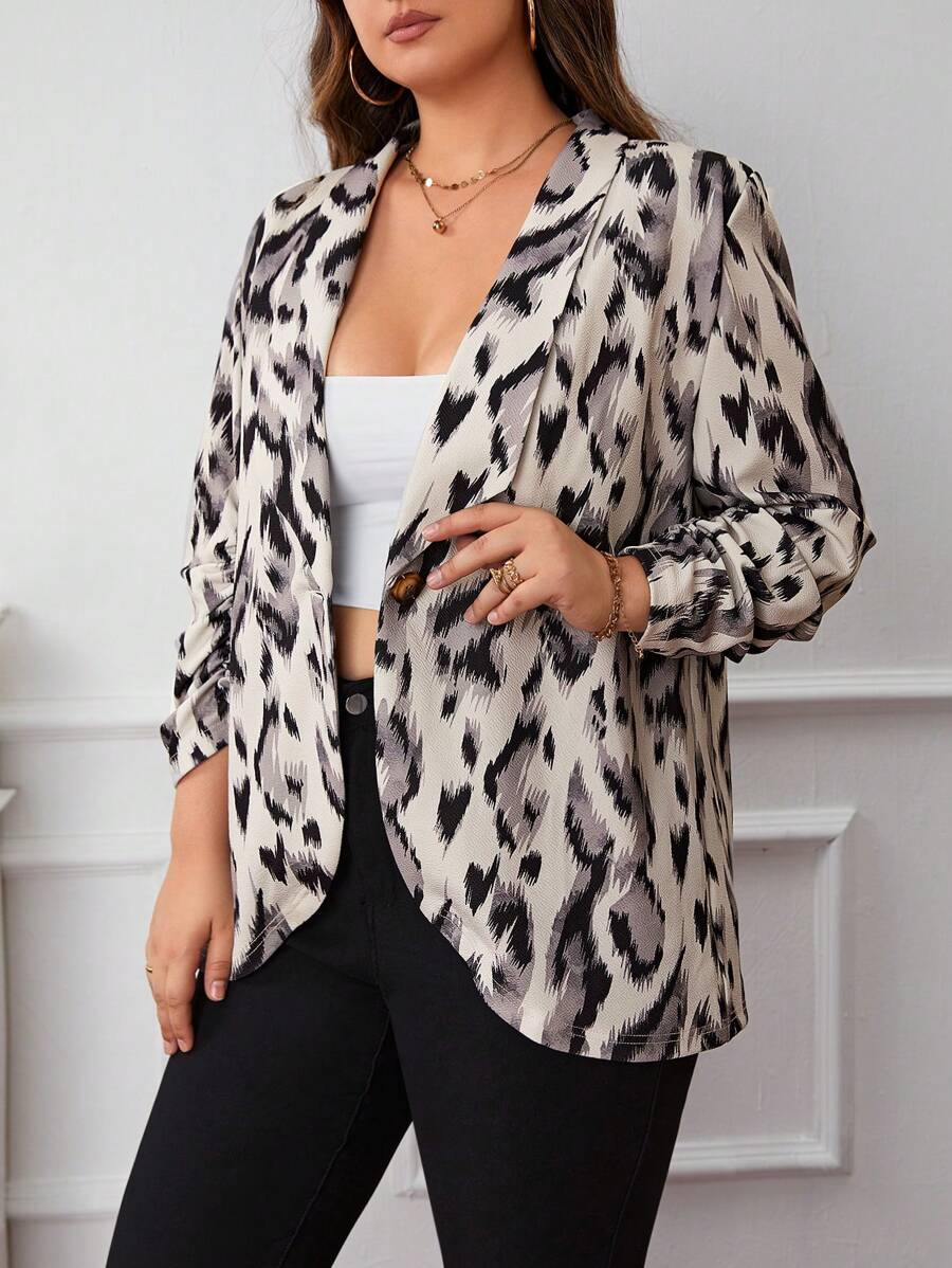 SHEIN LUNE Plus Allover Print Shawl Collar Ruched Sleeve Blazer - Black - View 1