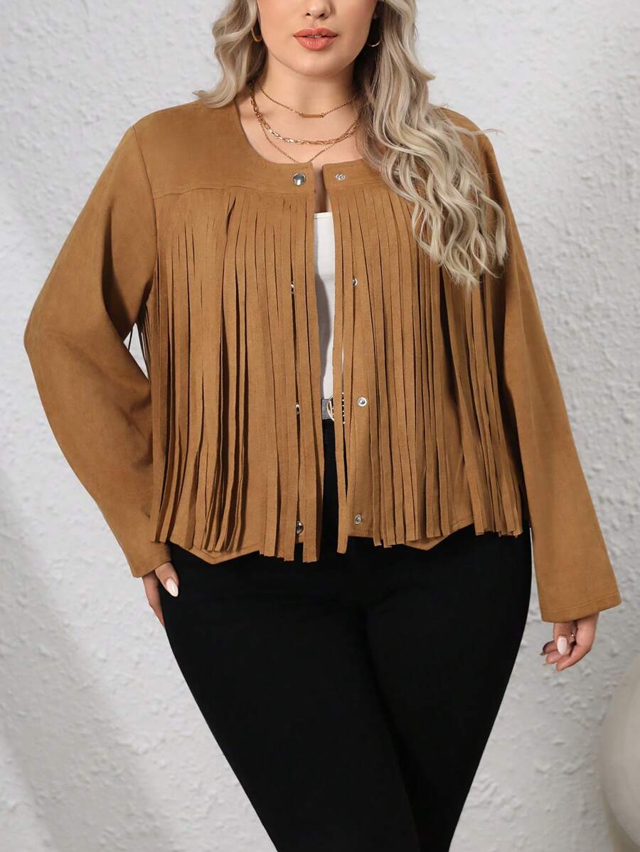 SHEIN LUNE جاكيت مقلم كشكش أزرار أمامية مقاس كبير - بني - مشاهدة 1