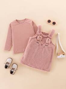 SHEIN Young Girl Solid Tee & Cartoon Embroidery 3D Ear Design Teddy Overall Dress - Pink - View 3