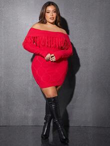 SHEIN SXY Hơn Gấp lại Off Shoulder Viền rìa Váy len bó sát - Đỏ - Xem 5