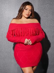 SHEIN SXY Hơn Gấp lại Off Shoulder Viền rìa Váy len bó sát - Đỏ - Xem 6