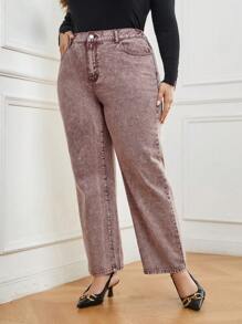 SHEIN Privé 大碼高腰直筒牛仔褲 - 彩色 - 查看 3