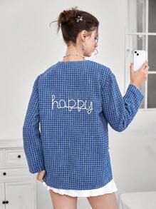 SHEIN EZwear 格紋印花翻蓋細節前紐扣西裝外套 - 藍色 - 查看 2