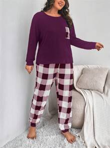 Plus Buffalo Plaid Print Pocket Patched Tee & Trousers PJ Set - Multicolor - View 4
