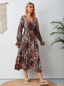 SHEIN VCAY Paisley Print Flounce Sleeve Ruffle Hem Dress - Khaki - View 4