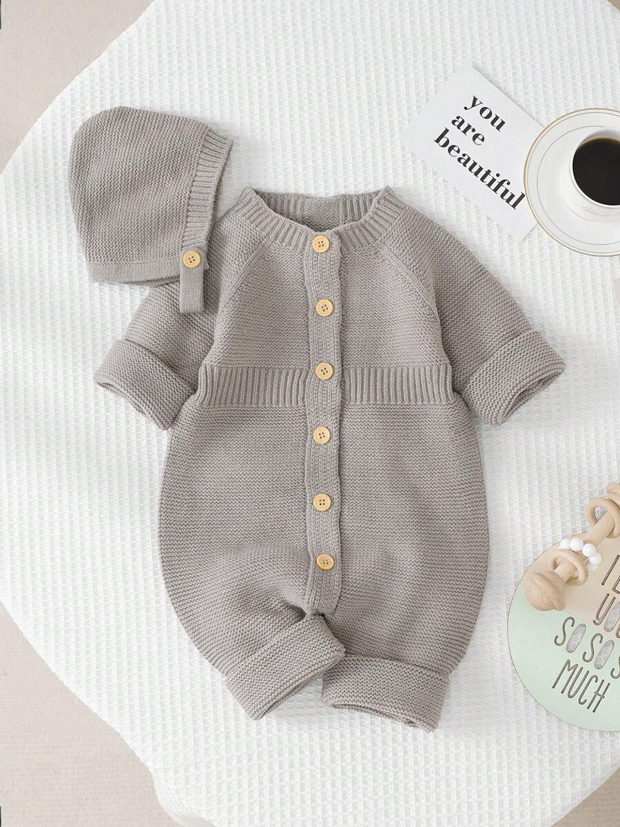 Bebé niño Mono de manga raglán tejido - Camel - Ver 1