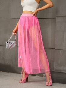 SHEIN Unity 太陽和月亮亮片高腰網紗覆蓋金屬亮絲半身裙 - 粉色 - 查看 6