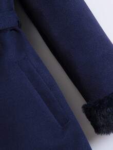 SHEIN Tween 女童时尚优雅羊毛材质拼接毛领系带大衣秋冬季 - 藏蓝色 - 查看 7