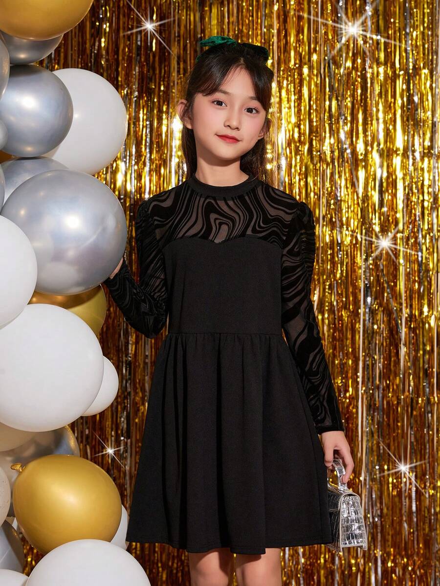 SHEIN 女大童網紗拼接肩部喇叭下擺洋裝 - 黑色 - 查看 1