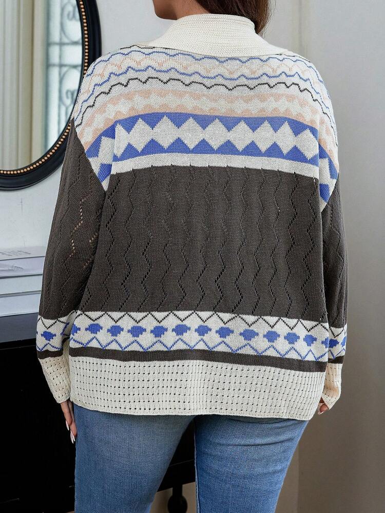 Plus Geo Pattern Shawl Collar Drop Shoulder Cardigan