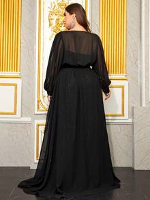 YISIKADO 加大方领灯笼袖系带亮片礼服黑色优雅长袖舞会晚会婚礼宾客礼服，适合毕业典礼、晚宴 - 黑色 - 查看 3