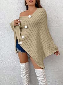 Celure 大碼小絨球細節不對稱下擺斗篷毛衣 - 卡其色 - 查看 3