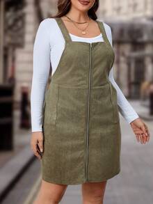 SHEIN Franclia 大碼拉鏈開襟背帶洋裝不帶T恤 - 軍綠色 - 查看 5