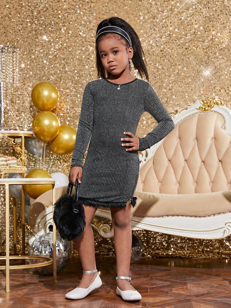 Tween Girl Fuzzy Trim Glitter Ribbed Knit Dress