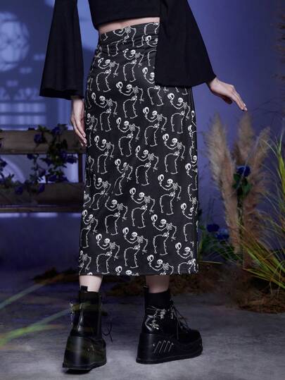 Corpse Bride | ROMWE Skull Print Split Thigh Skirt